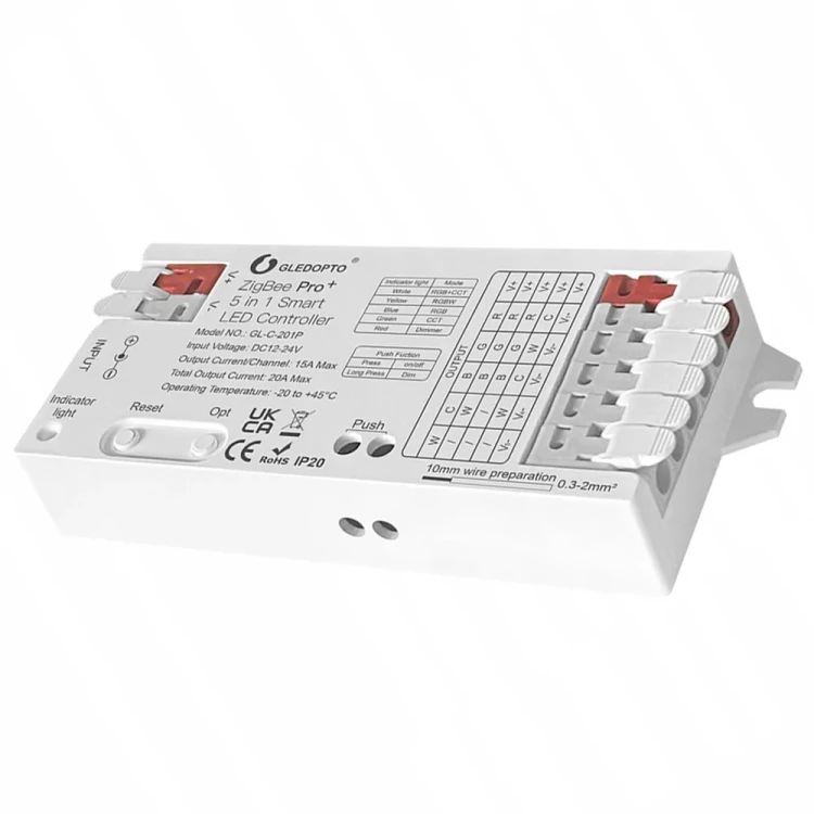 Sterownik Kontroler LED 5w1 Ściemniacz RGB+CCT RGBW 20A ZigBee + RF Seria GL TUYA Home Assistant
