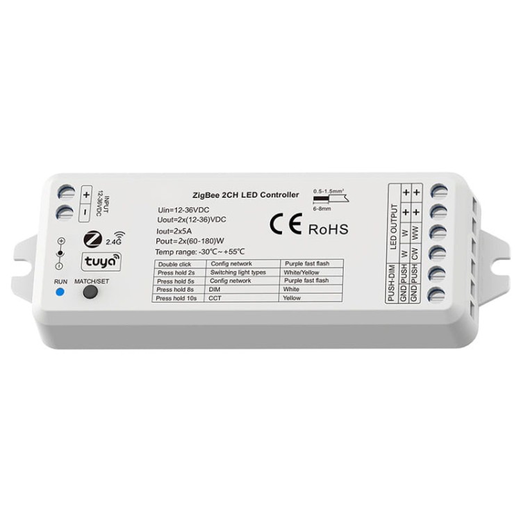 Kontroler LED MONO CCT 2*5A 12-36V Seria SD ZigBee + RF HUE TUYA