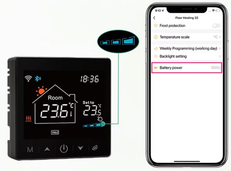 sterowanie za pomocą aplikacji zasilanie bateryjne smart termostat