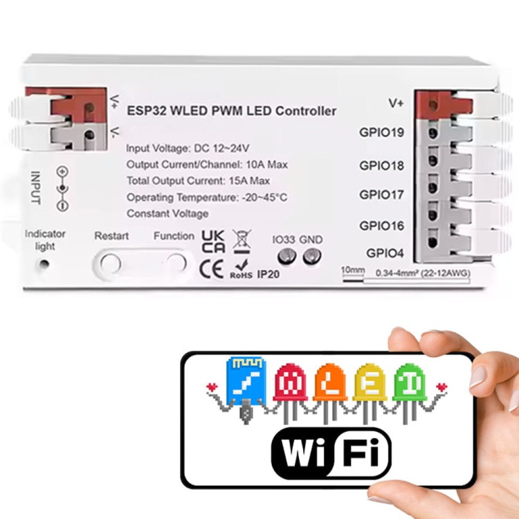 Inteligentny Kontroler LED 5w1 PWM 10A 12-24V ESP32 Seria GL WiFi WLED - smart home - inteligentny dom - sterowanie aplikacja android ios