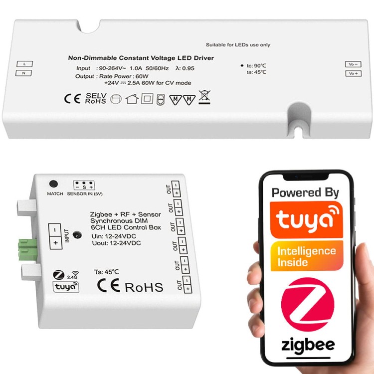 Zestaw Kontroler meblowy LED Mono 6CH Zasilacz 24V Seria SD ZigBee RF TUYA