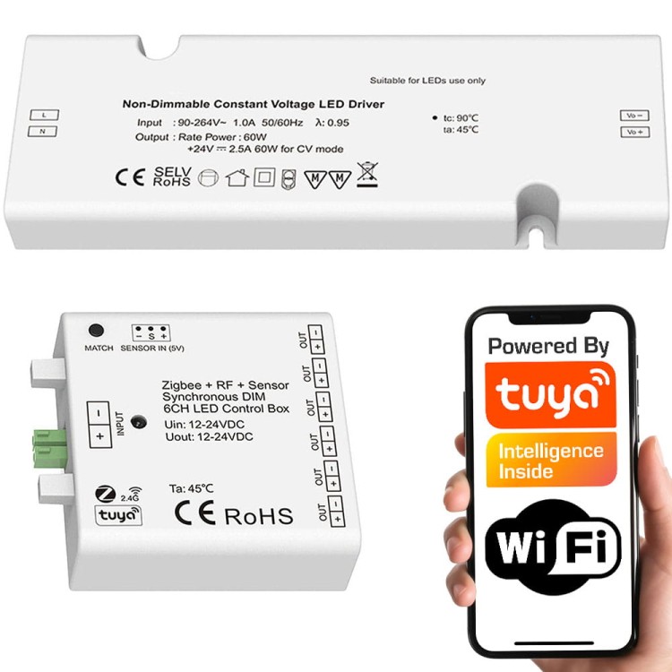 Zestaw Kontroler meblowy LED Mono 6CH Zasilacz 24V Seria SD WiFi RF TUYA