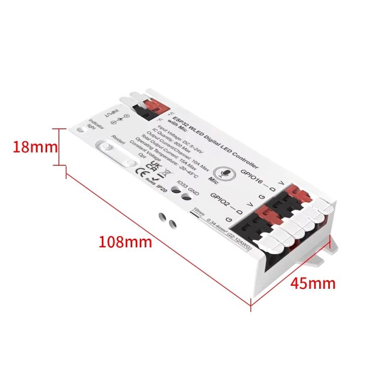 Kontroler LED RGBIC ESP32 10A 5-24V Mikrofon Seria GL WiFi WLED