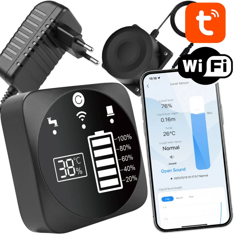Czujnik + Monitor poziomu cieczy w zbiorniku Tuya WiFi RF