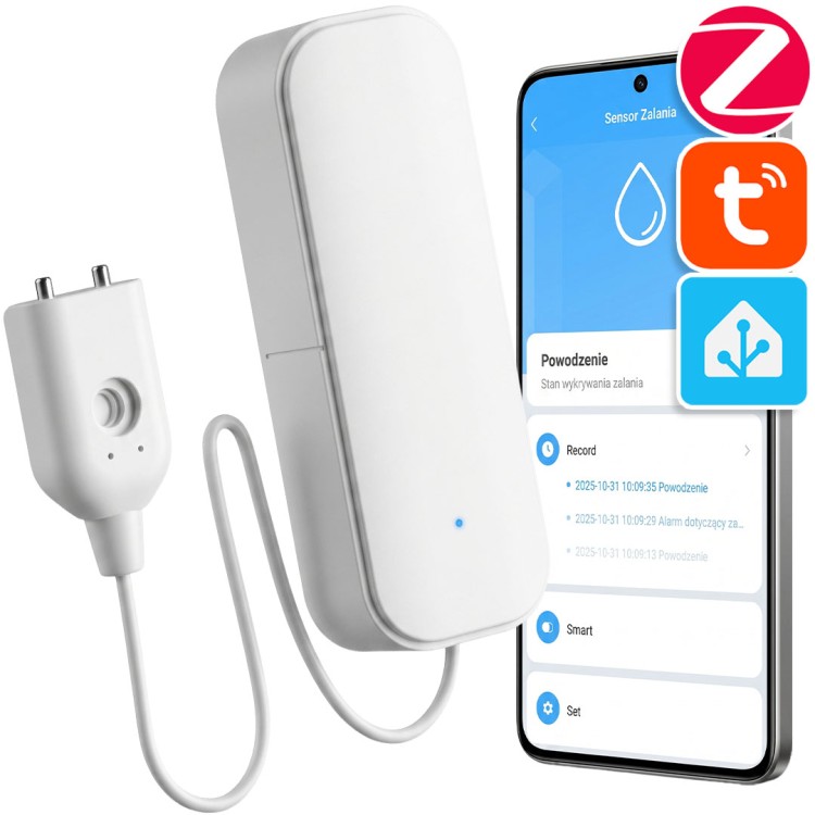 Inteligentny Czujnik Zalania Wycieku z Sondą AAA ZigBee TUYA Home Assistant