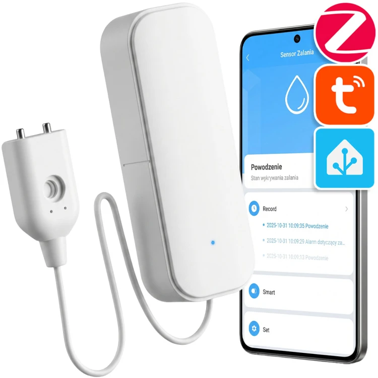 Inteligentny Czujnik Zalania Wycieku z Sondą AAA ZigBee TUYA Home Assistant