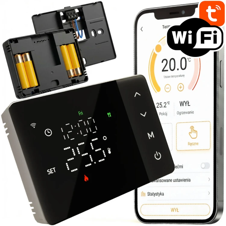 Termostat pokojowy Regulator Na Baterie do Kotła Pieca Czarny 2A WiFi TUYA