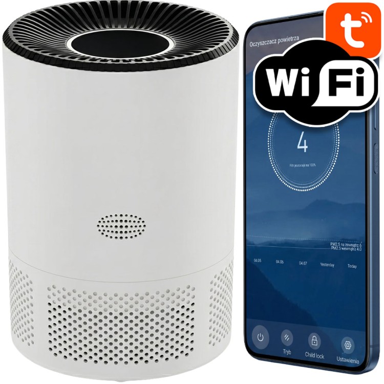 Oczyszczacz Powietrza TUYA WiFi do Pokoju 20-40m² 20dB Filtr HEPA Biały