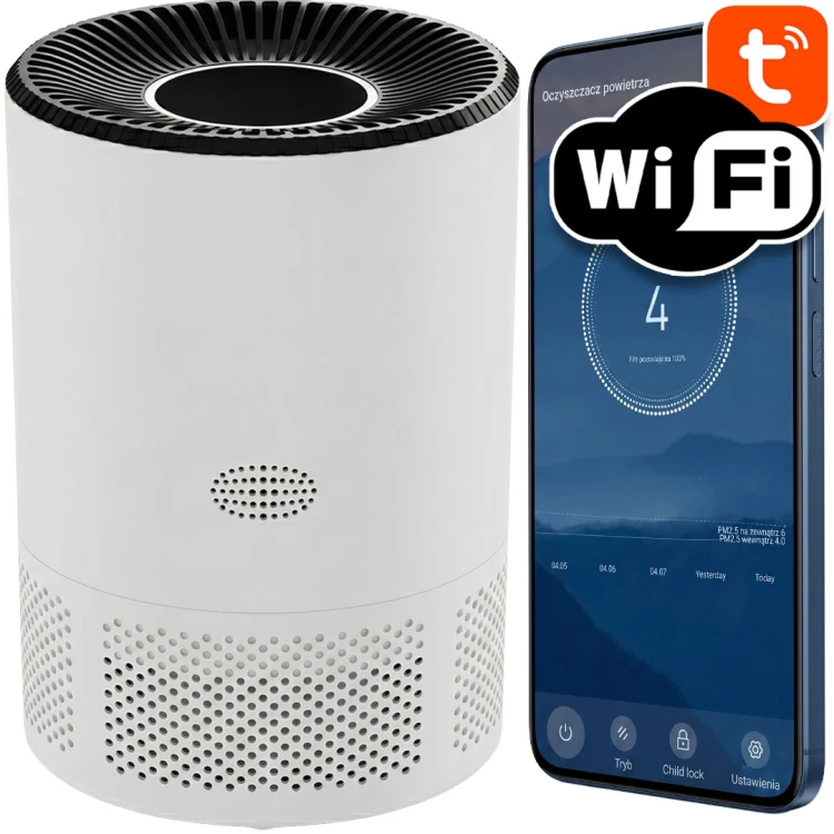Oczyszczacz Powietrza TUYA WiFi do Pokoju 20-40m² 20dB Filtr HEPA Biały