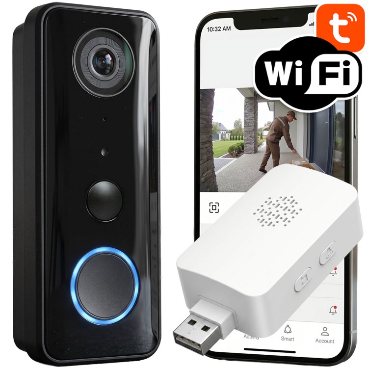 Bezprzewodowy Wideodomofon WiFi Tuya USB-C/10-24V AC 2MP 5200mAh IP66 160°