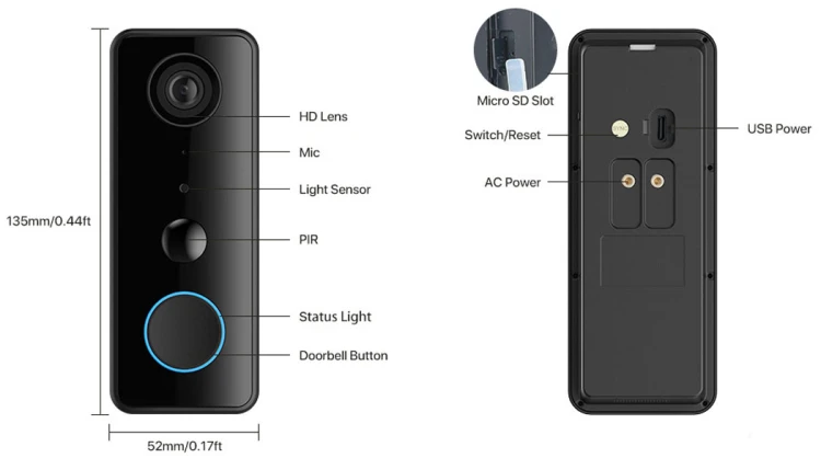 Bezprzewodowy Wideodomofon WiFi Tuya USB-C/10-24V AC 2MP 5200mAh IP66 160°