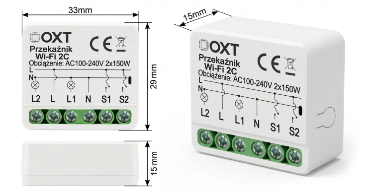 Moduł OXT Mikro Przekaźnik 2-Kanały 230V AC 12-24V DC WiFi TUYA