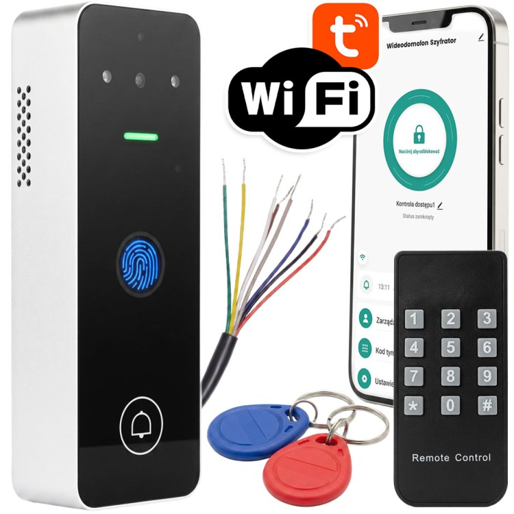 Wideodomofon szyfrator kablowy na odcisk palca pilot IR PIN RFID WIFI TUYA