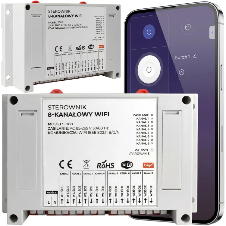 Sterownik beznapięciowy 8 kanałowy 8x10 A WiFi TUYA