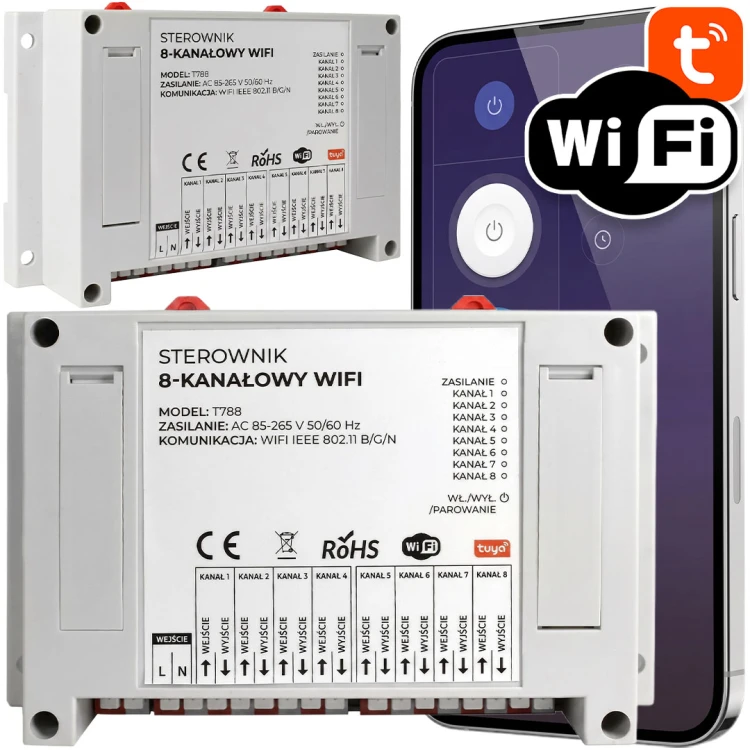 Sterownik beznapięciowy 8 kanałowy 8x10 A WiFi TUYA