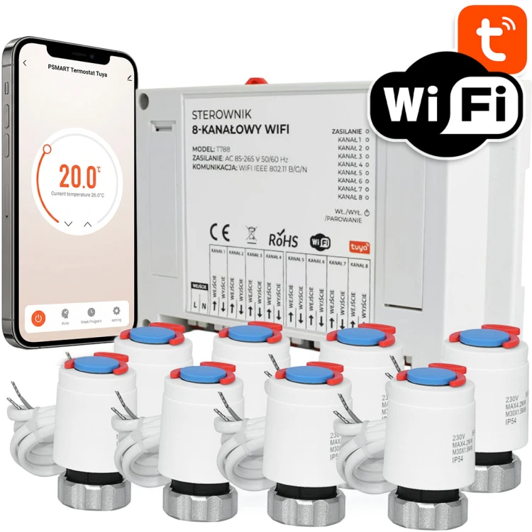 Zestaw bazowy do ogrzewania podłogowego 8x siłownik sterownik 8CH WiFi TUYA