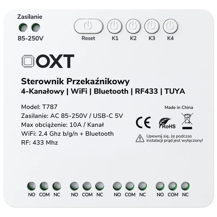 Sterownik przekaźnikowy 4-Kanały 10A 5V USB 230V WiFi BT RF 433 TUYA OXT