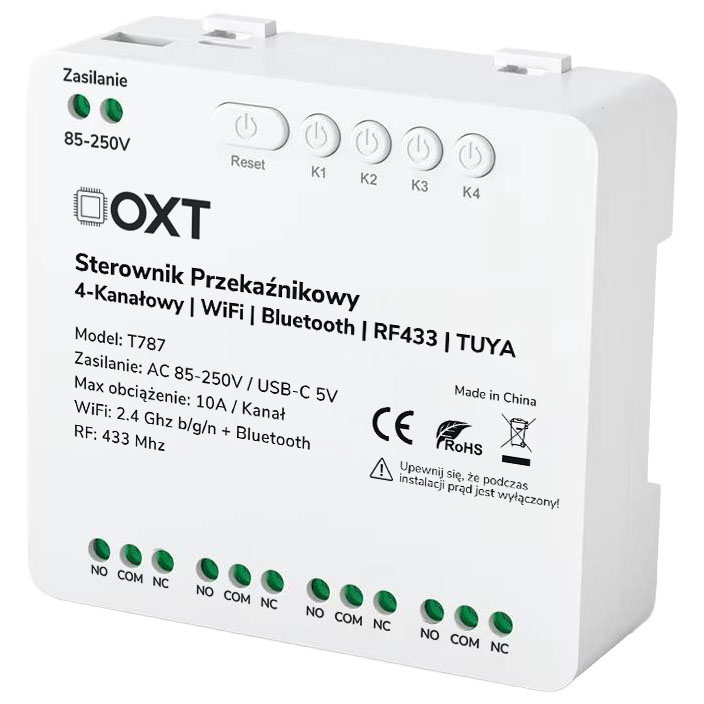 Sterownik przekaźnikowy 4-Kanały 10A 5V USB 230V WiFi BT RF 433 TUYA OXT