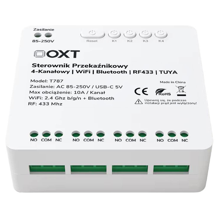 Sterownik przekaźnikowy 4-Kanały 10A 5V USB 230V WiFi BT RF 433 TUYA OXT