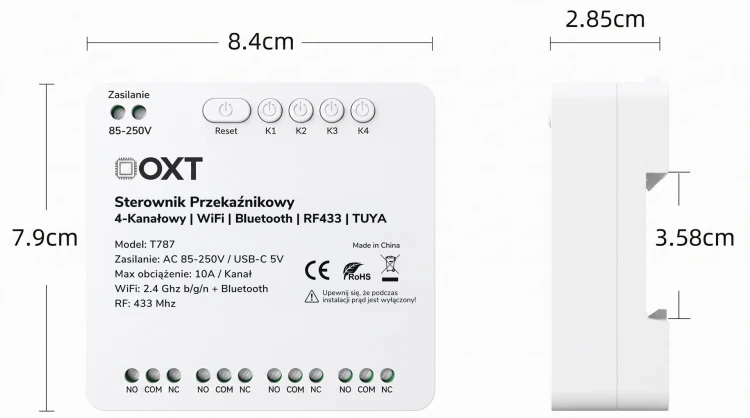 Sterownik przekaźnikowy 4-Kanały 10A 5V USB 230V WiFi BT RF 433 TUYA OXT