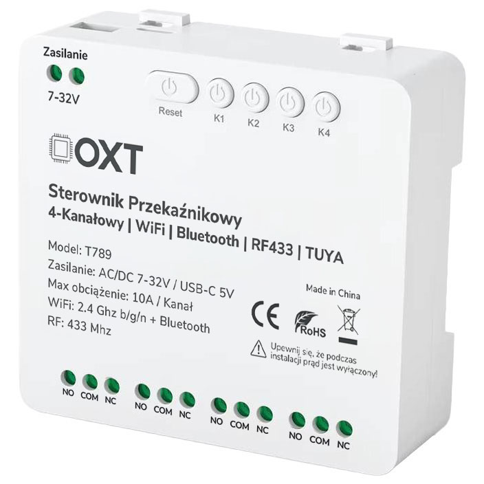 Sterownik przekaźnikowy 4-Kanałowy 10A 7-32V NO/NC/COM WiFi BT RF433 TUYA
