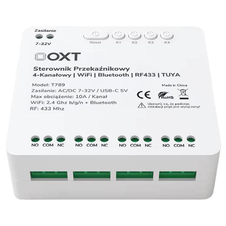 Sterownik przekaźnikowy 4-Kanałowy 10A 7-32V NO/NC/COM WiFi BT RF433 TUYA