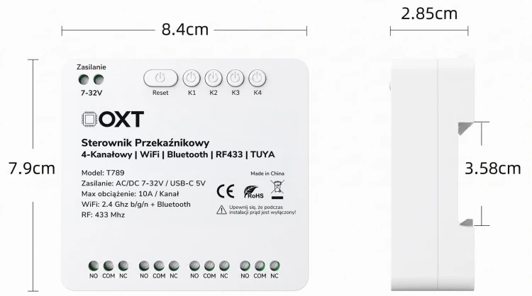 Sterownik przekaźnikowy 4-Kanałowy 10A 7-32V NO/NC/COM WiFi BT RF433 TUYA