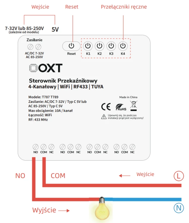 Sterownik przekaźnikowy 4-Kanałowy 10A 7-32V NO/NC/COM WiFi BT RF433 TUYA