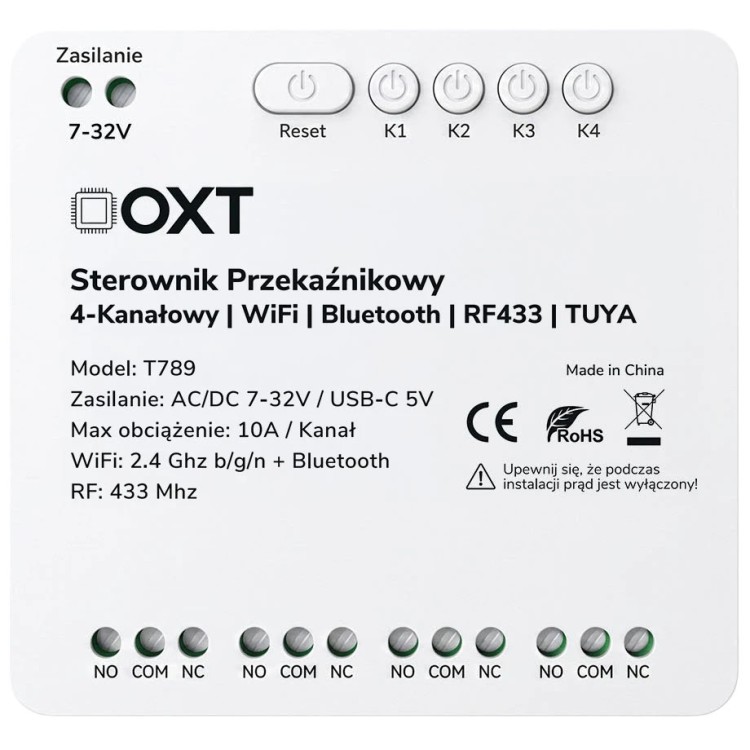 Sterownik przekaźnikowy 4-Kanałowy 10A 7-32V NO/NC/COM WiFi BT RF433 TUYA