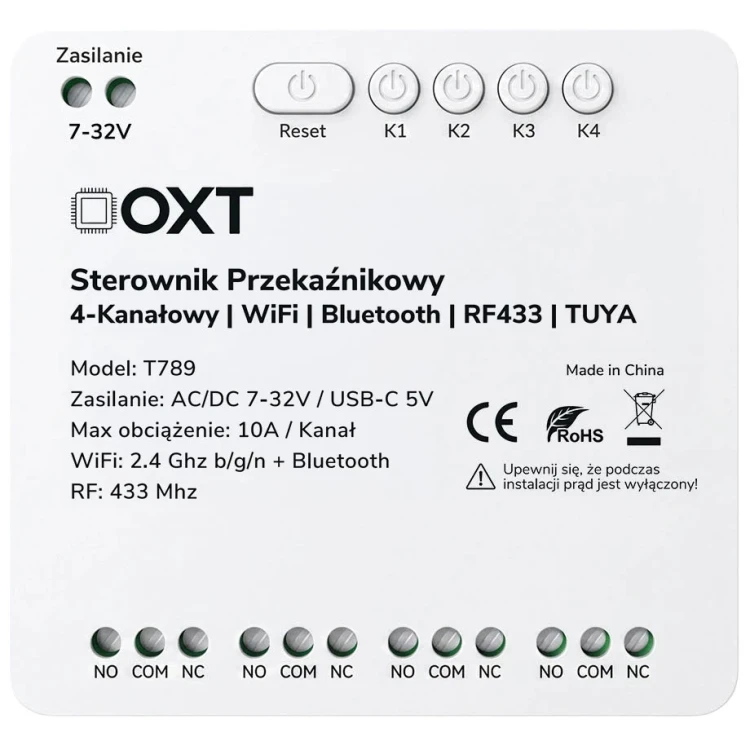 Sterownik przekaźnikowy 4-Kanałowy 10A 7-32V NO/NC/COM WiFi BT RF433 TUYA