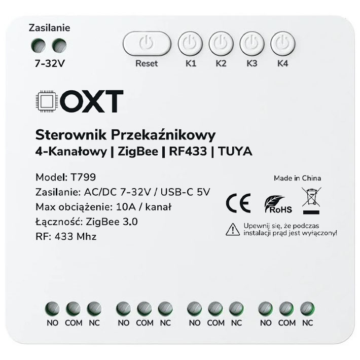 Sterownik przekaźnikowy 4-Kanały 10A 5V USB 7-32V ZigBee RF 433 TUYA OXT