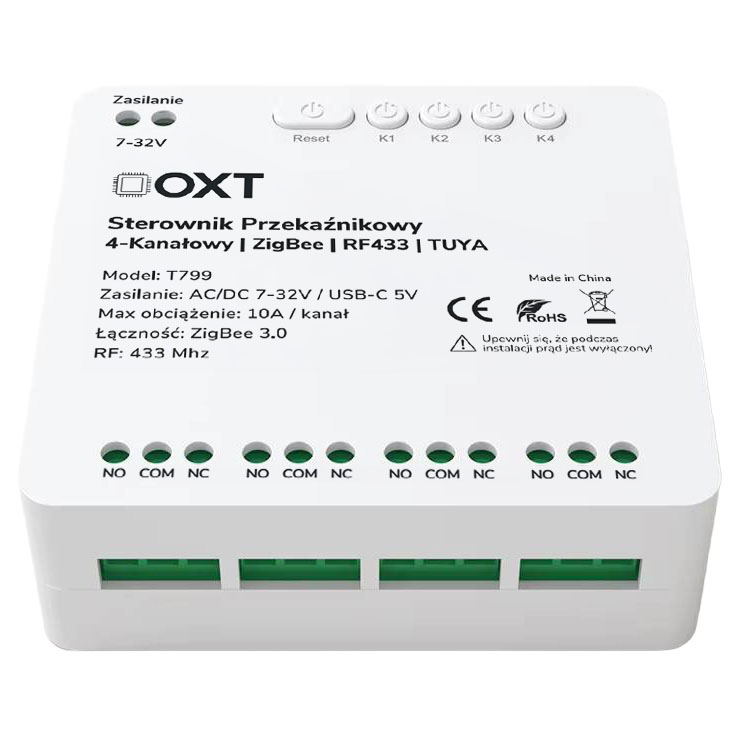 Sterownik przekaźnikowy 4-Kanały 10A 5V USB 7-32V ZigBee RF 433 TUYA OXT