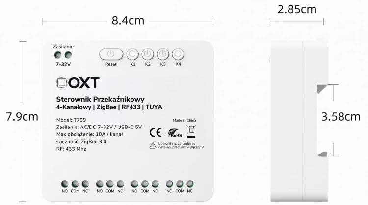 Sterownik przekaźnikowy 4-Kanały 10A 5V USB 7-32V ZigBee RF 433 TUYA OXT