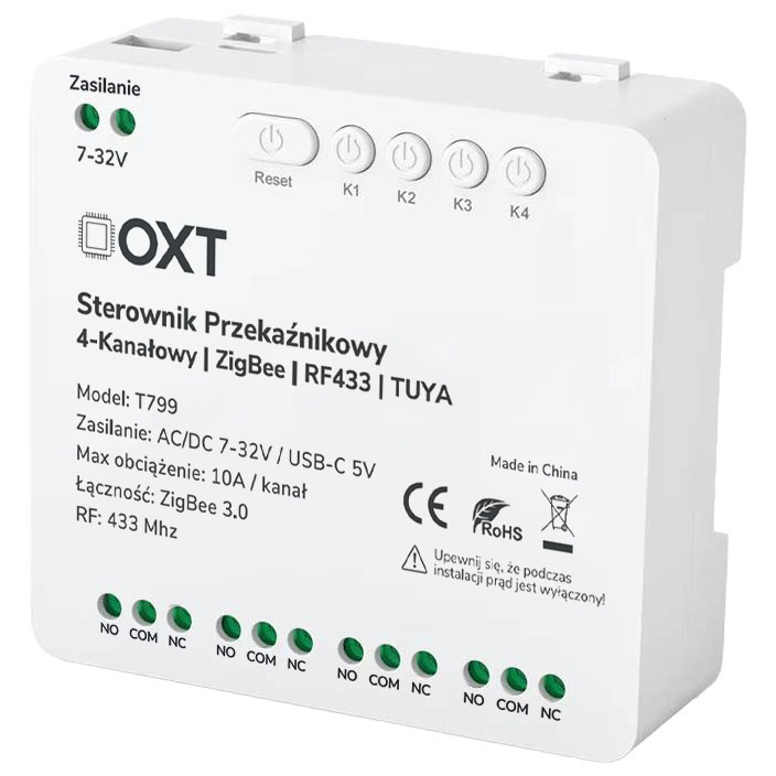 Sterownik przekaźnikowy 4-Kanały 10A 5V USB 7-32V ZigBee RF 433 TUYA OXT
