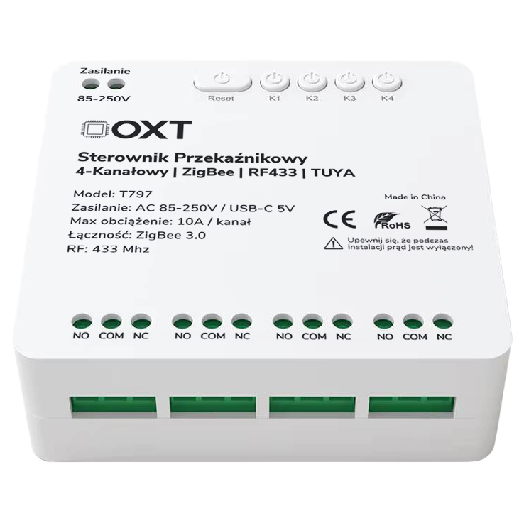 Sterownik przekaźnikowy 4-Kanały 10A 5V USB 230V ZigBee RF 433 TUYA OXT