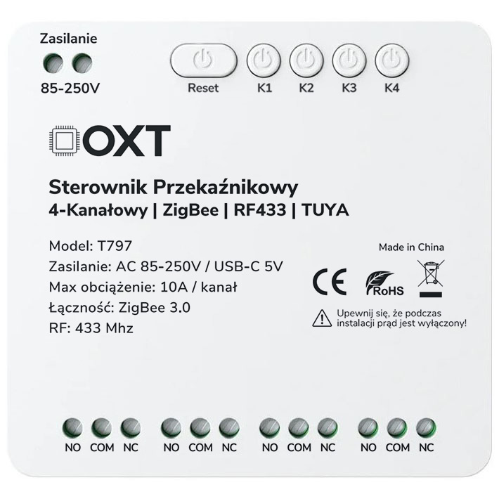 Sterownik przekaźnikowy 4-Kanały 10A 5V USB 230V ZigBee RF 433 TUYA OXT