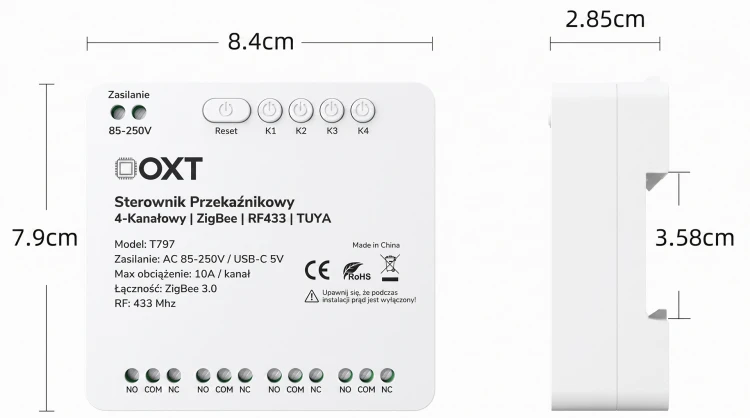 Sterownik przekaźnikowy 4-Kanały 10A 5V USB 230V ZigBee RF 433 TUYA OXT