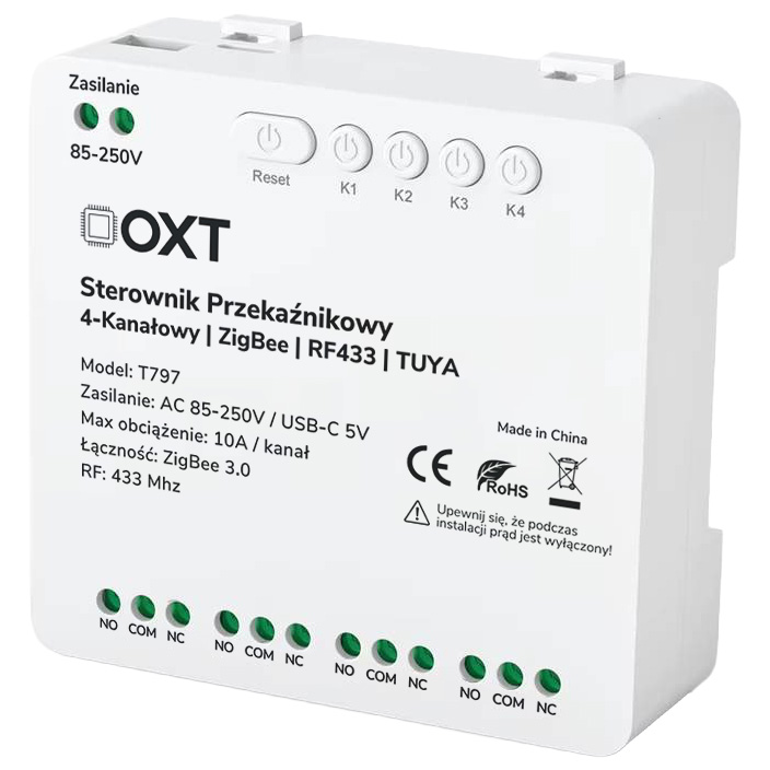 Sterownik przekaźnikowy 4-Kanały 10A 5V USB 230V ZigBee RF 433 TUYA OXT