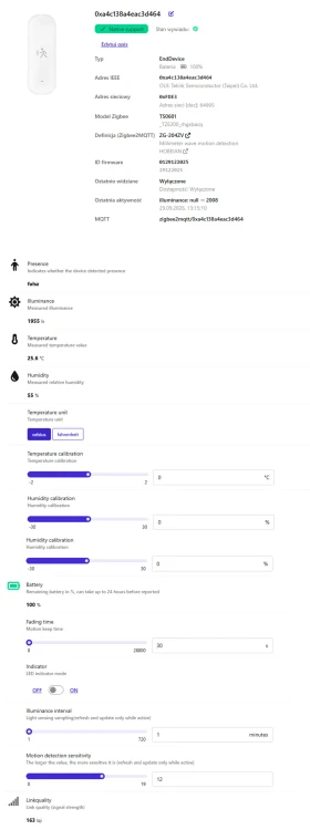 Czujnik 4w1 Radar Obecności Temperatury Zmierzchu i Wilgotności ZigBee TUYA Home Assistant