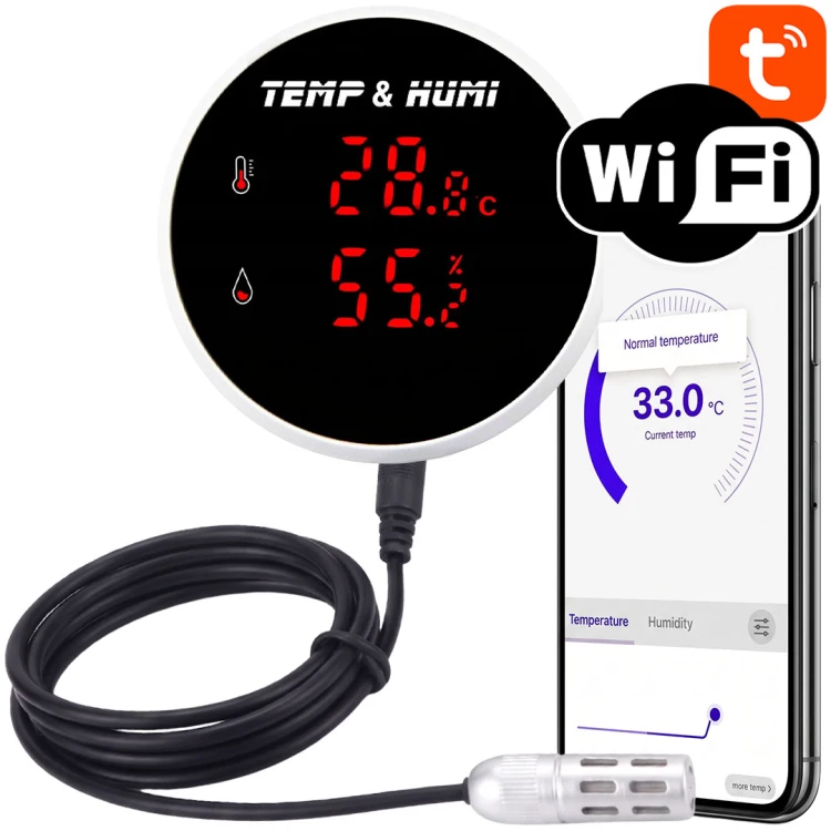 Czujnik Temperatury i Wilgotności z Ekranem Sonda 3-Metry WiFi TUYA