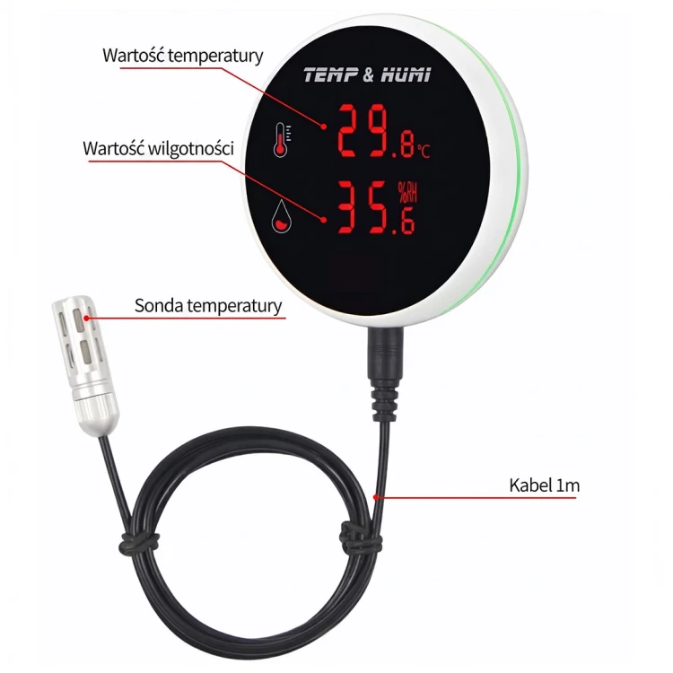 Czujnik Temperatury i Wilgotności z Ekranem Sonda 3-Metry WiFi TUYA