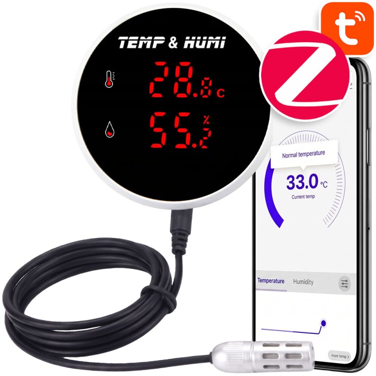 Czujnik Temperatury i Wilgotności z Ekranem Sonda 3-Metry ZigBee TUYA