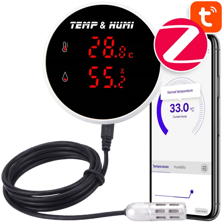 Czujnik Temperatury i Wilgotności z Ekranem Sonda 3-Metry ZigBee TUYA