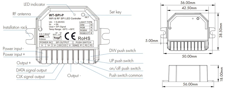 Sterownik do Cyfrowych Taśm LED SPI 5-24VDC WiFi+RF Seria SD