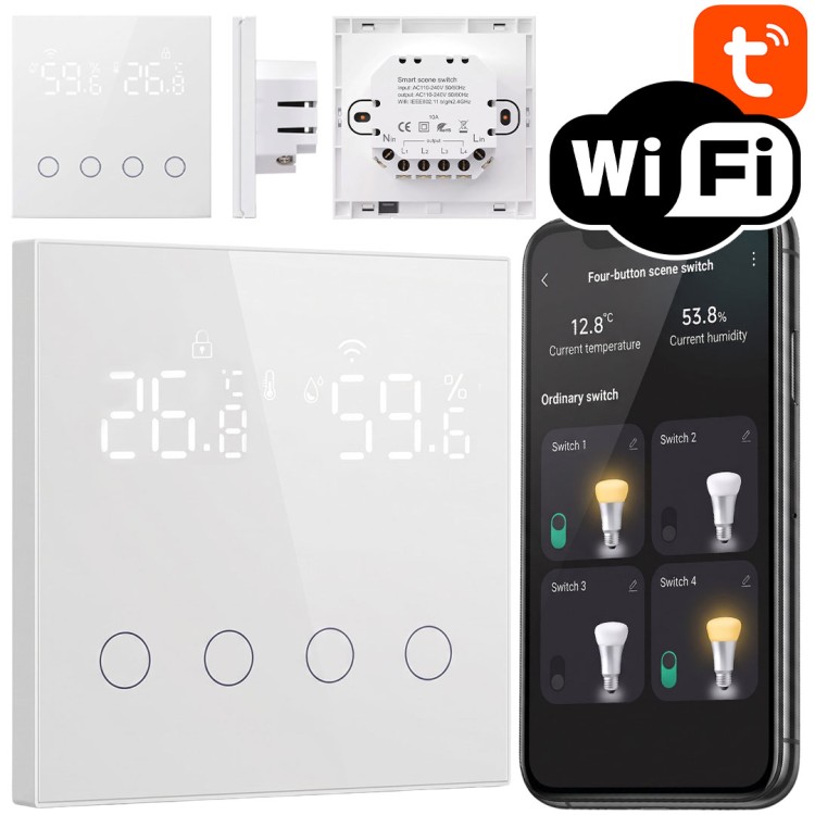 Dotykowy Przełącznik 4-Kanały Czujnik Temperatury + Wilgotności WiFi TUYA