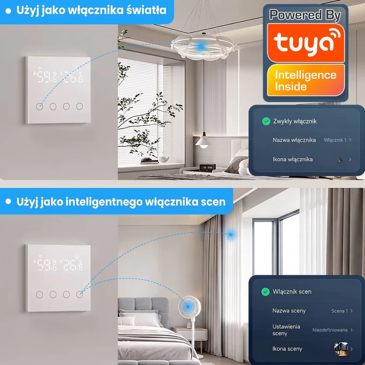 Dotykowy Przełącznik 4-Kanały Czujnik Temperatury + Wilgotności WiFi TUYA