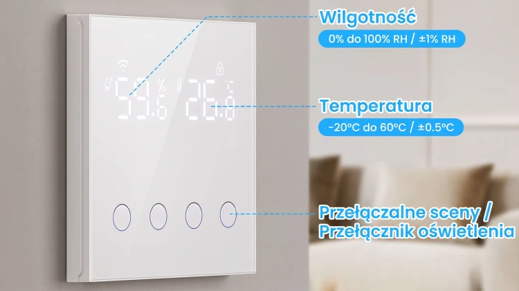 Dotykowy Przełącznik 4-Kanały Czujnik Temperatury + Wilgotności WiFi TUYA